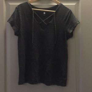 3 for $10. Dark gray tee. Faux lace up v-neck. M.